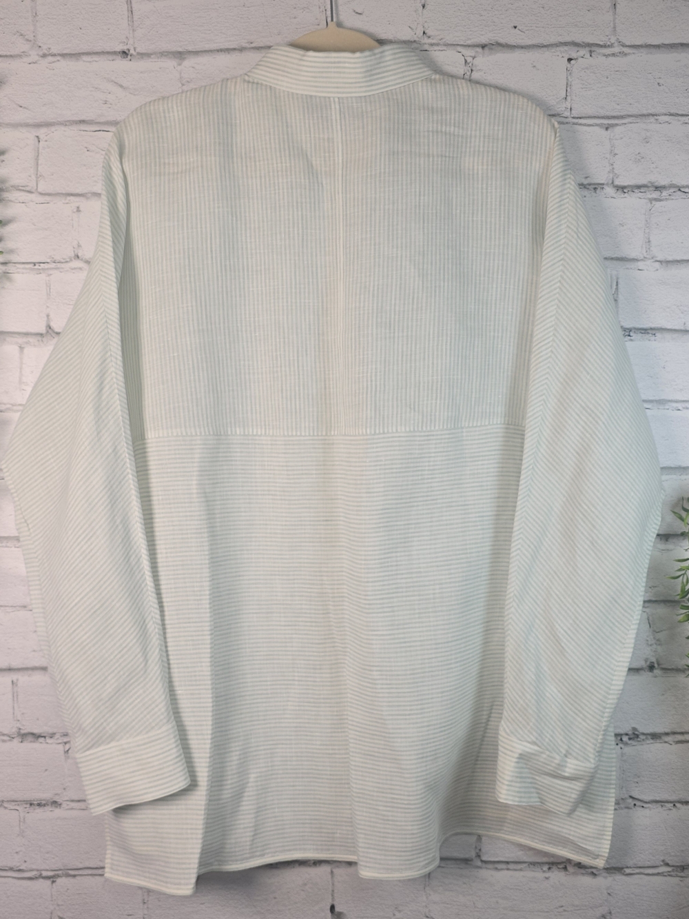 LAFAYETTE 148 NEW YORK ALYSSA LINEN PINSTRIPE BLOUSE SOFT GREEN & WHITE WOMES LG - Picture 2 of 9